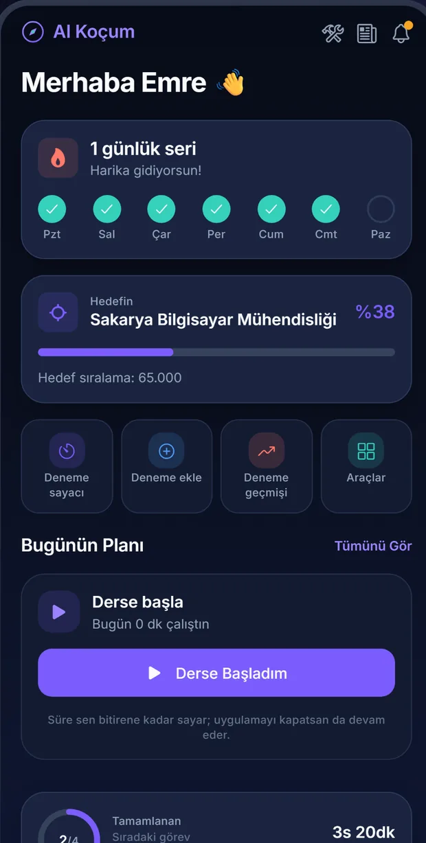 AI Koçum ana ekranı: günlük plan, hedef ilerlemesi ve çalışma serisi