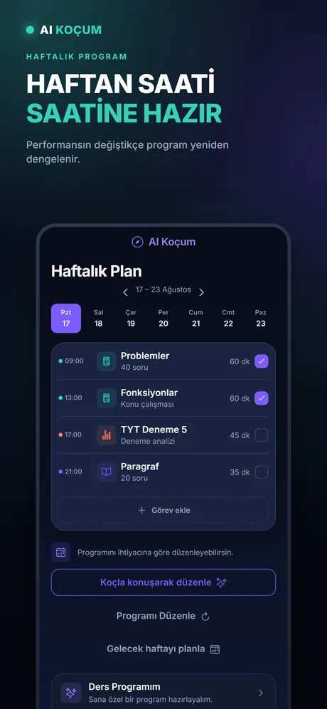 Haftalık çalışma planı ekranı